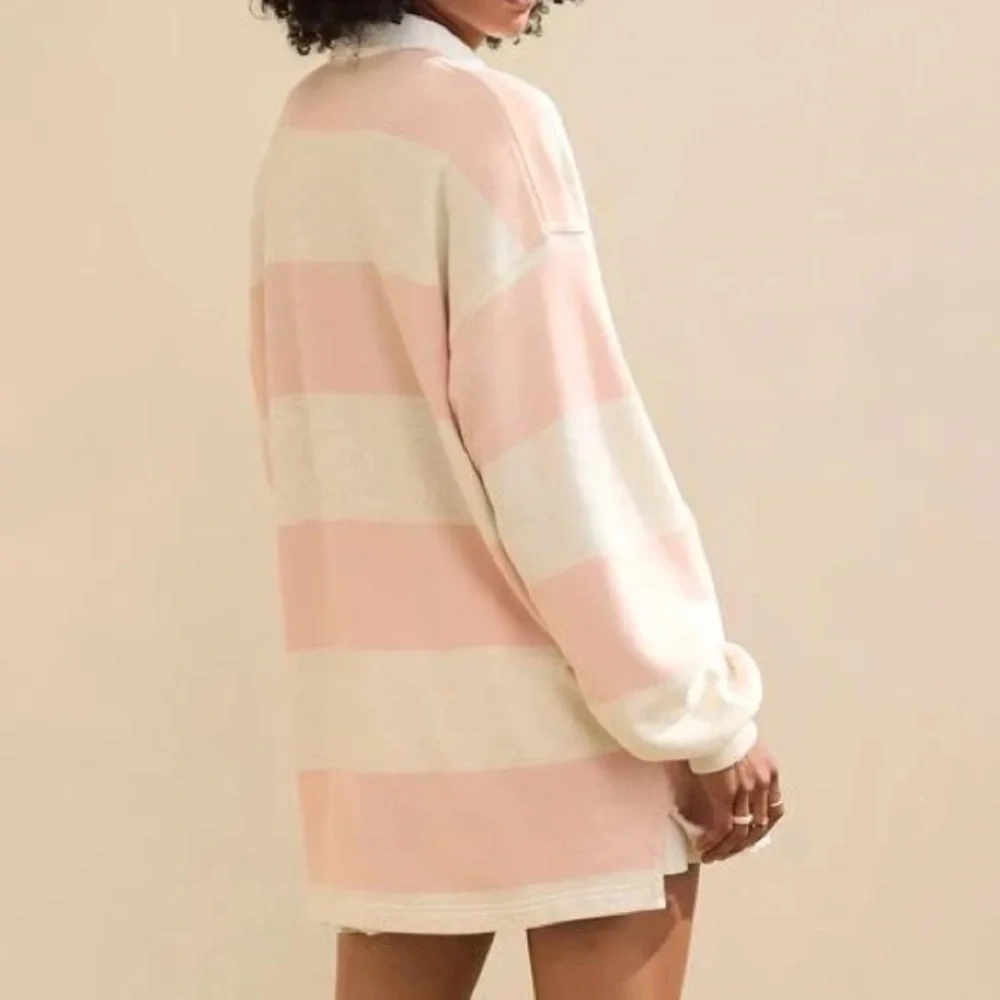 Aerie Prep Rally Rugby Stripe Sweatshirt Pink Oversized Preppy.         22 - Picture 11 of 13